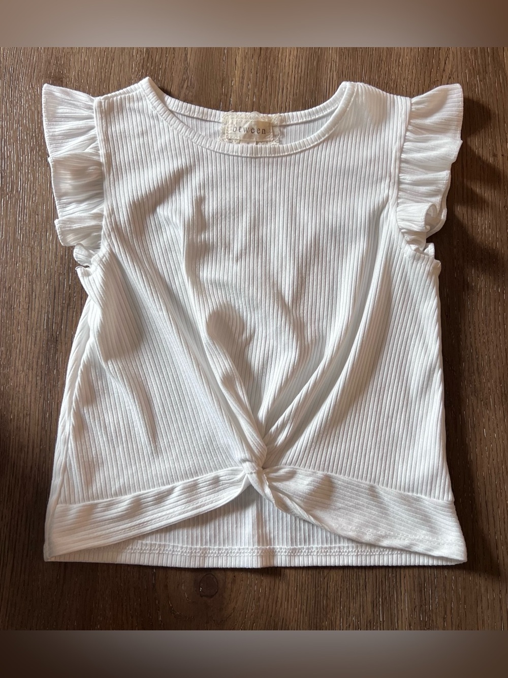 btween White Ribbed Twist-Front Top with Ruffle Trim
